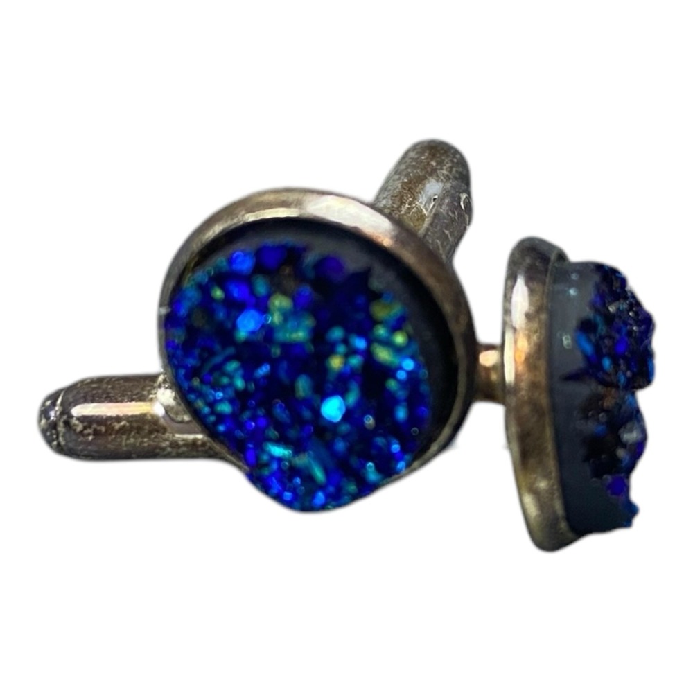 Silver‎ Tone Metallic Blue Faux Crystal Shimmer Cufflinks Lightweight Round